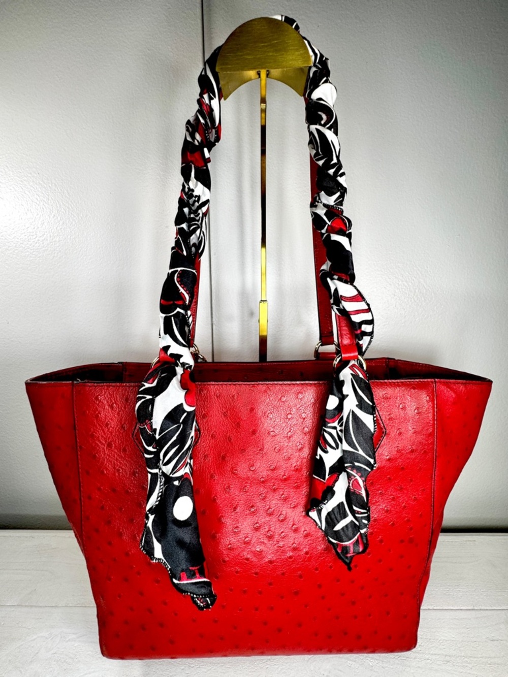 Diane Van Firstwnburg Red Leather Tote Bag Ostrich Embossed DVF Shoulder Bag